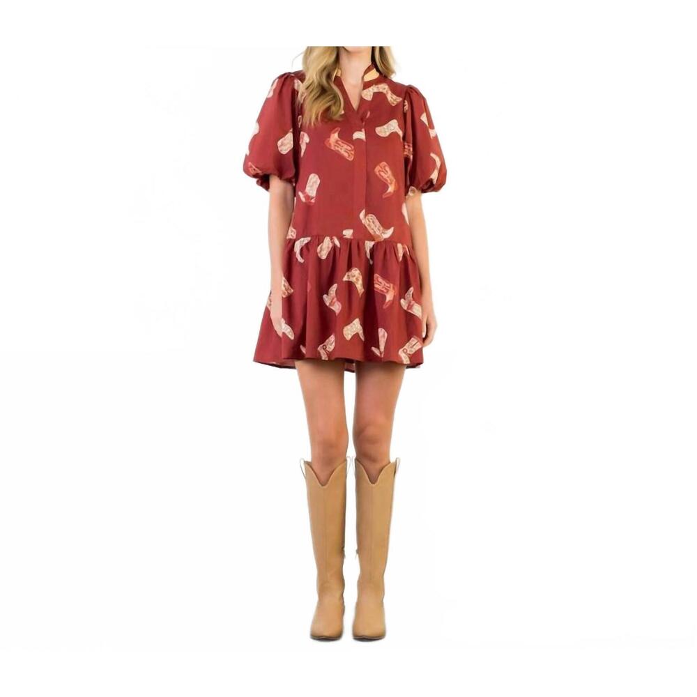 NEW THML puff sleeve boots print dress in burgundy - Picture 1 of 5